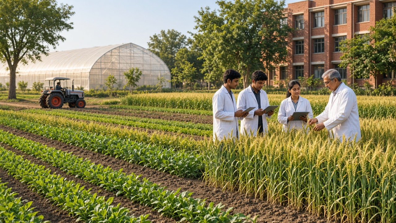Modern Indian agricultural university campus with experimental crop plots, a large greenhouse, a red-brick building, and students in lab coats with tablets listening to a professor