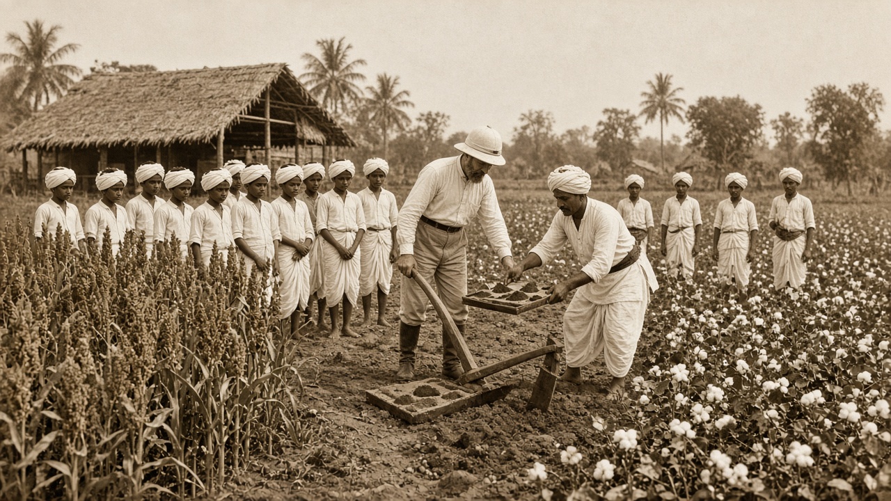 Sepia 1870s scene of Indian students in white dhotis and turbans in a trial field of millet and cotton while a British superintendent and an Indian teacher demonstrate a plough and soil samples
