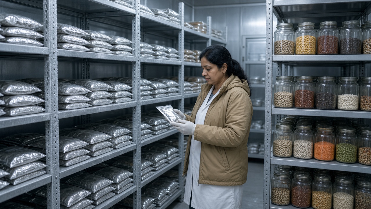 Indian woman scientist in a warm jacket and gloves holding a seed packet in a cold gene bank room with steel shelves of sealed foil seed packets and jars of colourful grains