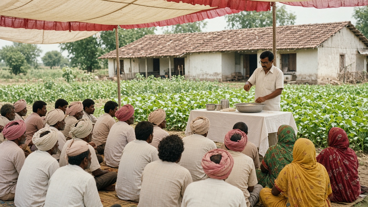 1980s farmer training under a tent where an agricultural scientist demonstrates seed treatment to village men and women, with a demonstration plot and training building behind