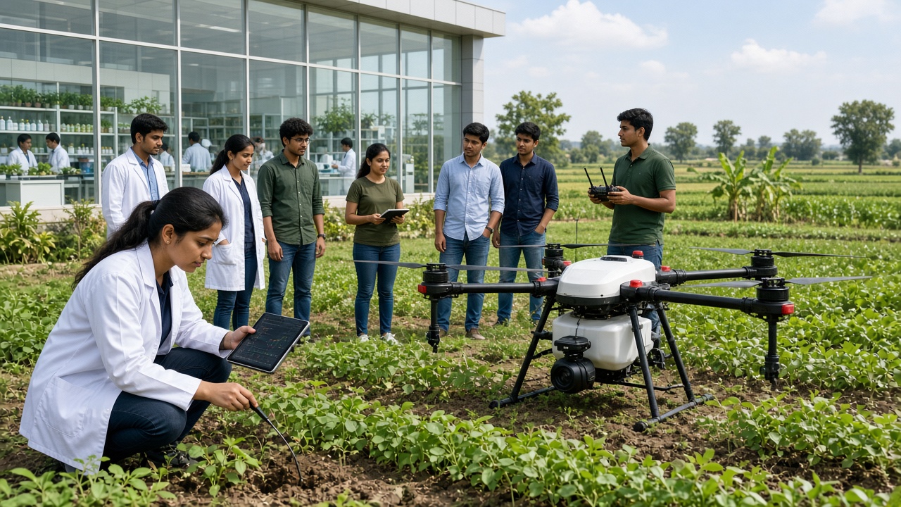 Young agriculture students learning to fly a spraying drone over campus plots, one checking a soil sensor on a tablet, with a tissue culture lab visible through glass windows behind