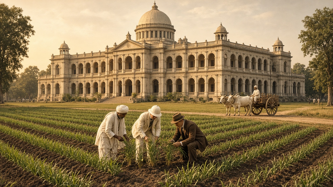 Grand domed colonial research institute building with arched verandas, and Indian and British scientists examining wheat plants in experimental plots in front, with a bullock cart on a path