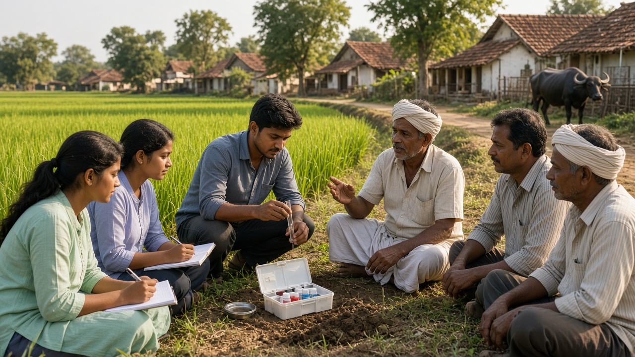 Agriculture college students with notebooks and a soil testing kit sitting with farmers beside a paddy field, one student testing soil in a tube while a farmer explains his crop