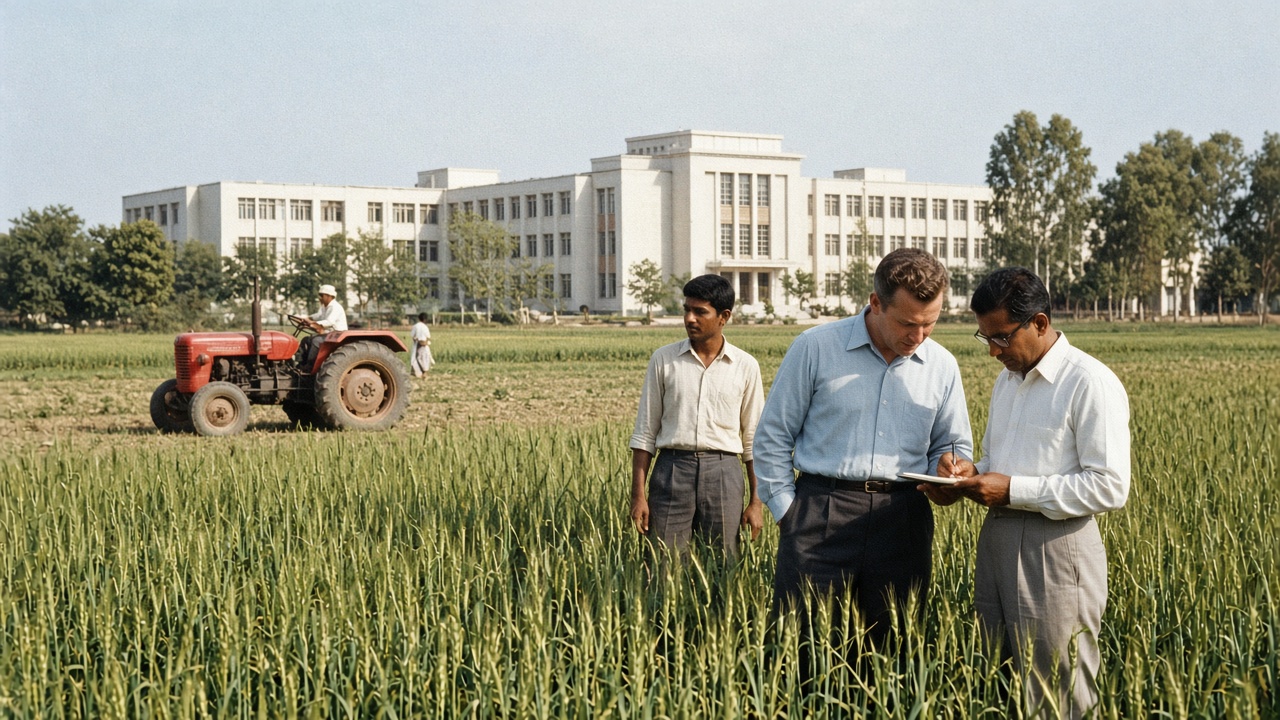 1960s Indian student with an American professor and an Indian professor taking notes in wheat breeding plots, with a vintage tractor and new university buildings behind