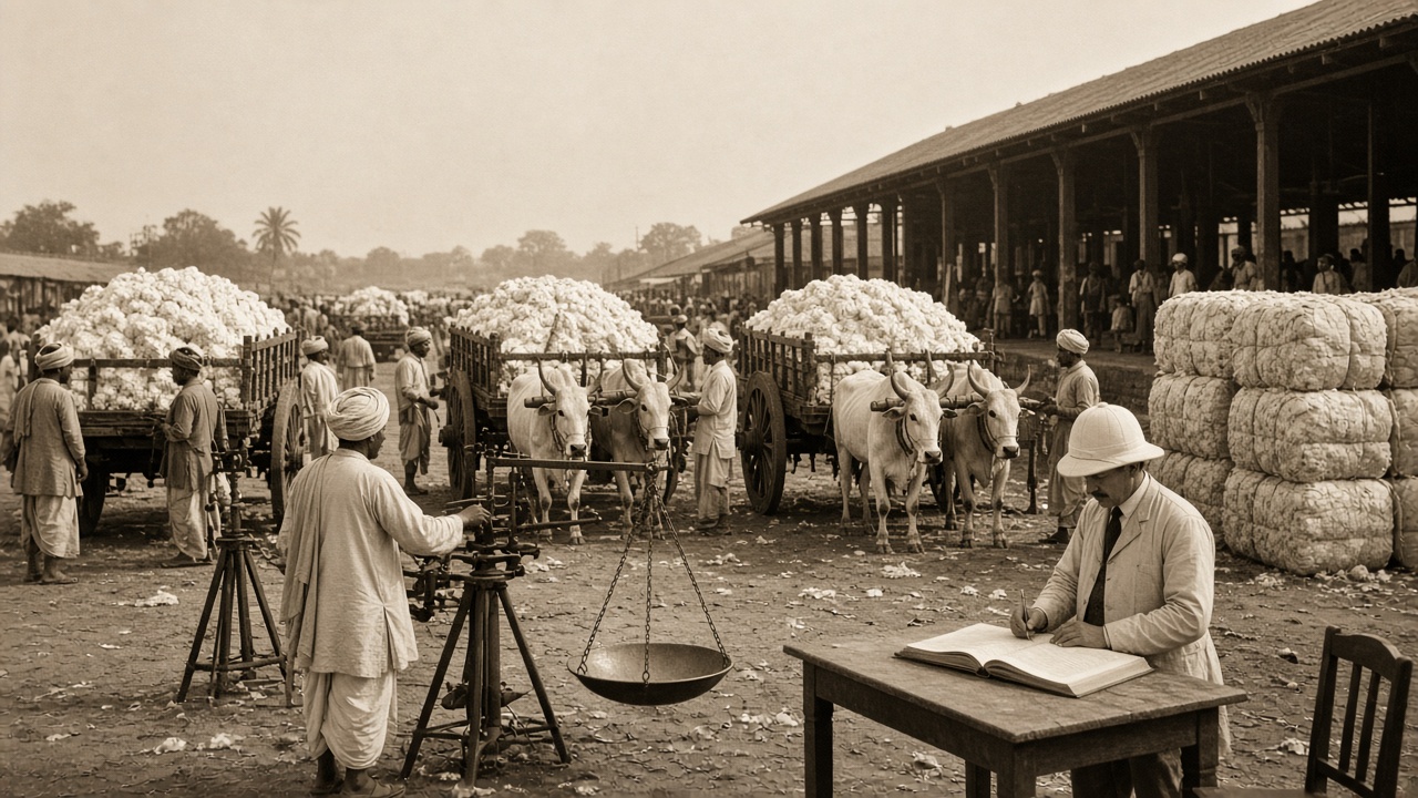 Sepia 1880s cotton market yard with bullock carts piled with raw cotton, traders inspecting cotton, a weighing beam, a British official with a ledger, and stacked bales near a railway shed