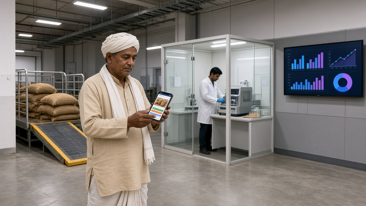 Farmer in a turban checking an online bid on a smartphone in a modern mandi, beside an assaying lab where a technician tests grain and a wall screen showing charts