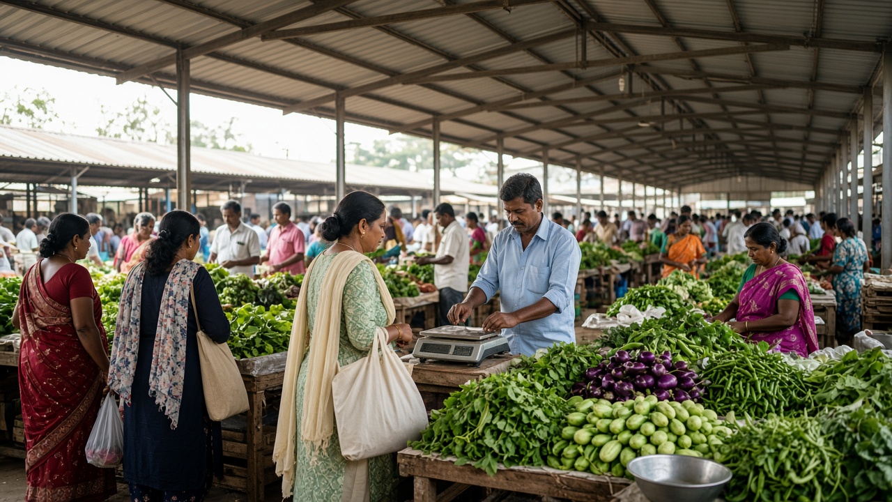 Farmers’ market under long covered sheds where farmers sell fresh vegetables and greens directly to city shoppers, weighing on small electronic scales