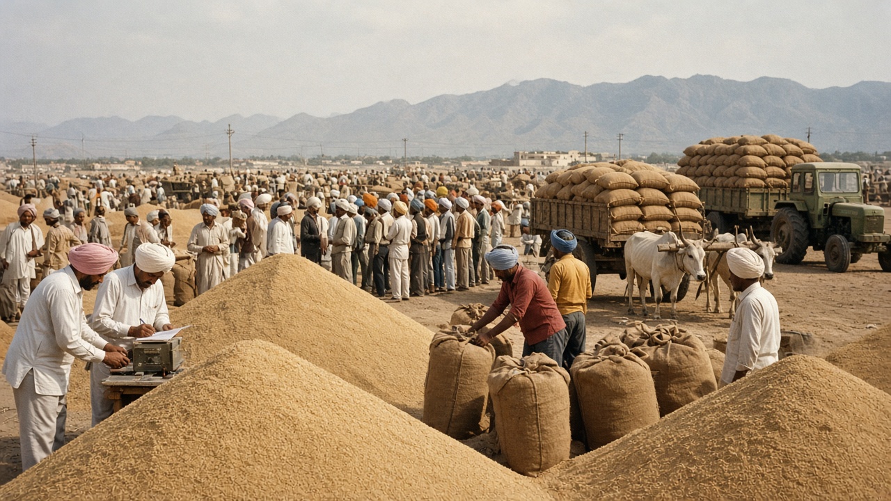 Late 1960s Punjab grain mandi with heaps of wheat, officials checking grain, porters filling jute sacks, a crowd at an auction, and bullock carts and a tractor loaded with sacks