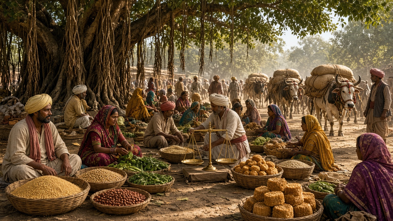 Medieval Indian weekly haat under banyan trees with farmers selling grain, vegetables, and jaggery from baskets, a trader using a brass balance, and a Banjara caravan of pack bullocks arriving