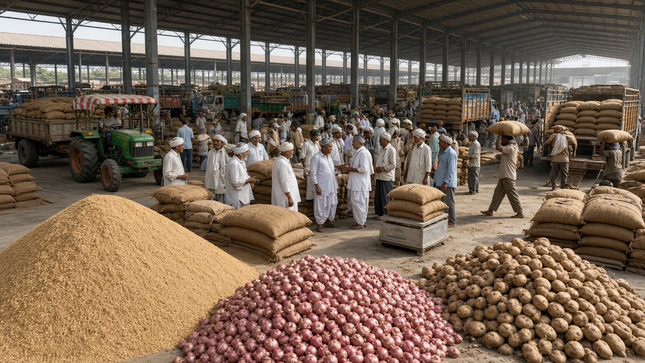 Busy Indian mandi yard under a tall steel shed with heaps of wheat, onions, and potatoes, farmers with tractor trolleys, traders bidding in a circle, and porters carrying sacks to trucks