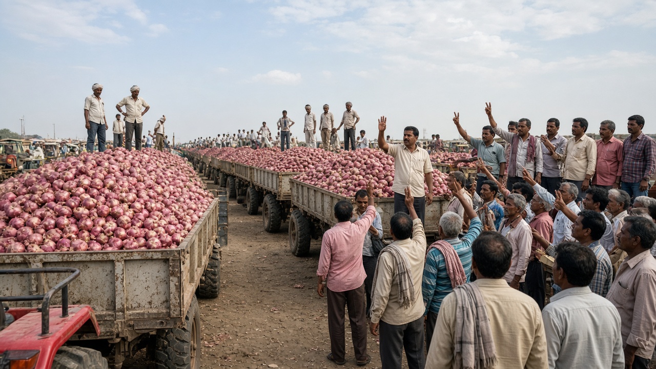 Rows of tractor trolleys piled with red onions at a Maharashtra market yard while traders and an auctioneer bid with raised hands and farmers stand on the trolleys