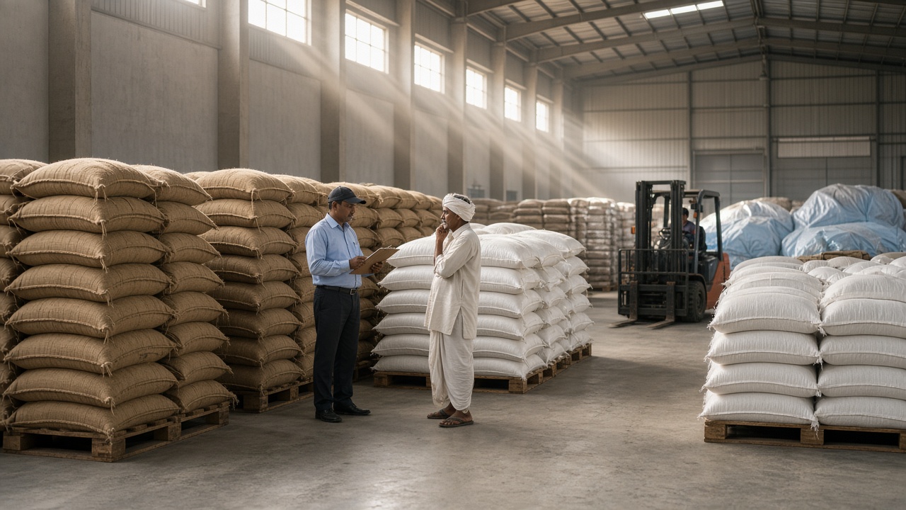 Large modern agricultural warehouse with tall stacks of grain sacks on pallets, a manager with a clipboard talking to a farmer, and a forklift