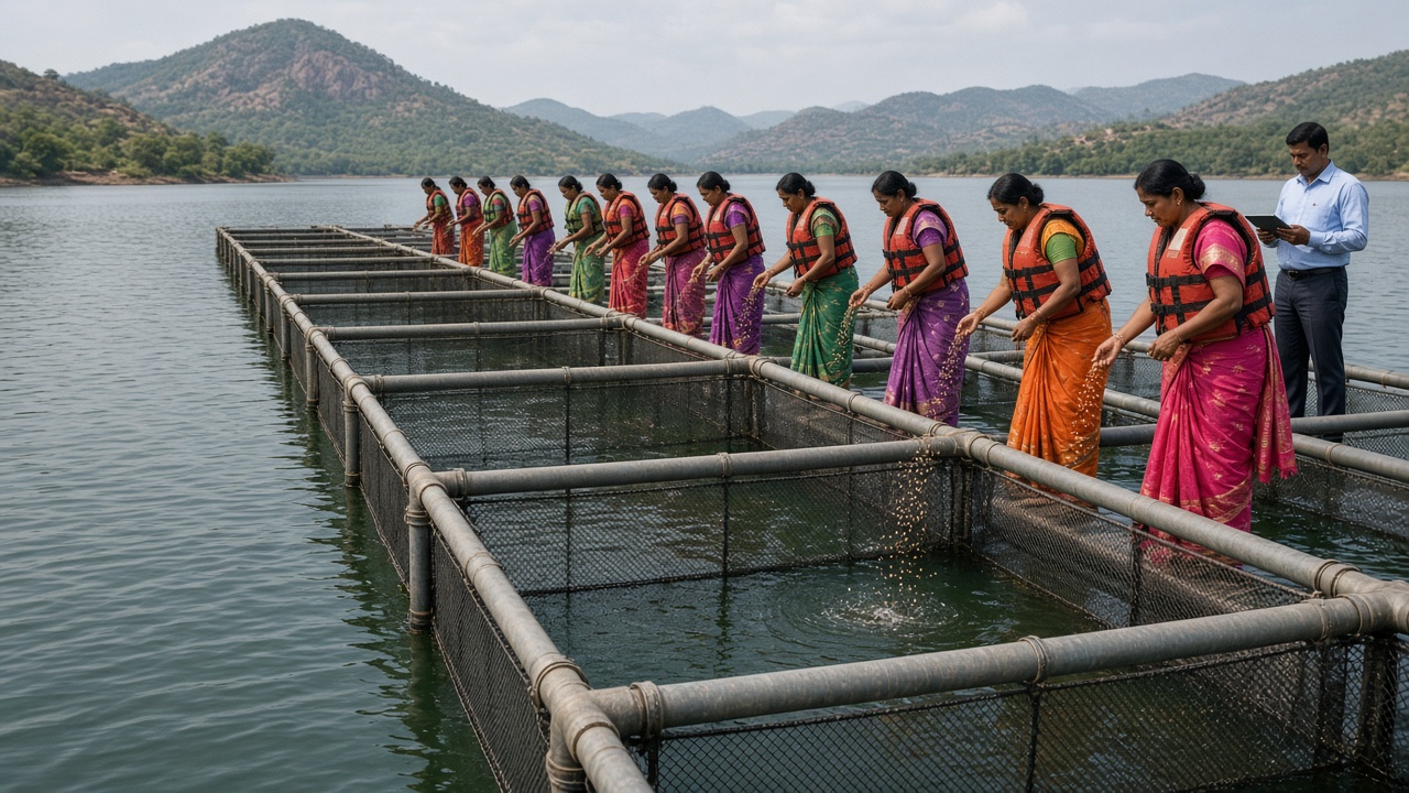 Rows of floating fish cages in a large Indian reservoir where women in saris and life jackets feed fish from a walkway while a fisheries officer holds a tablet