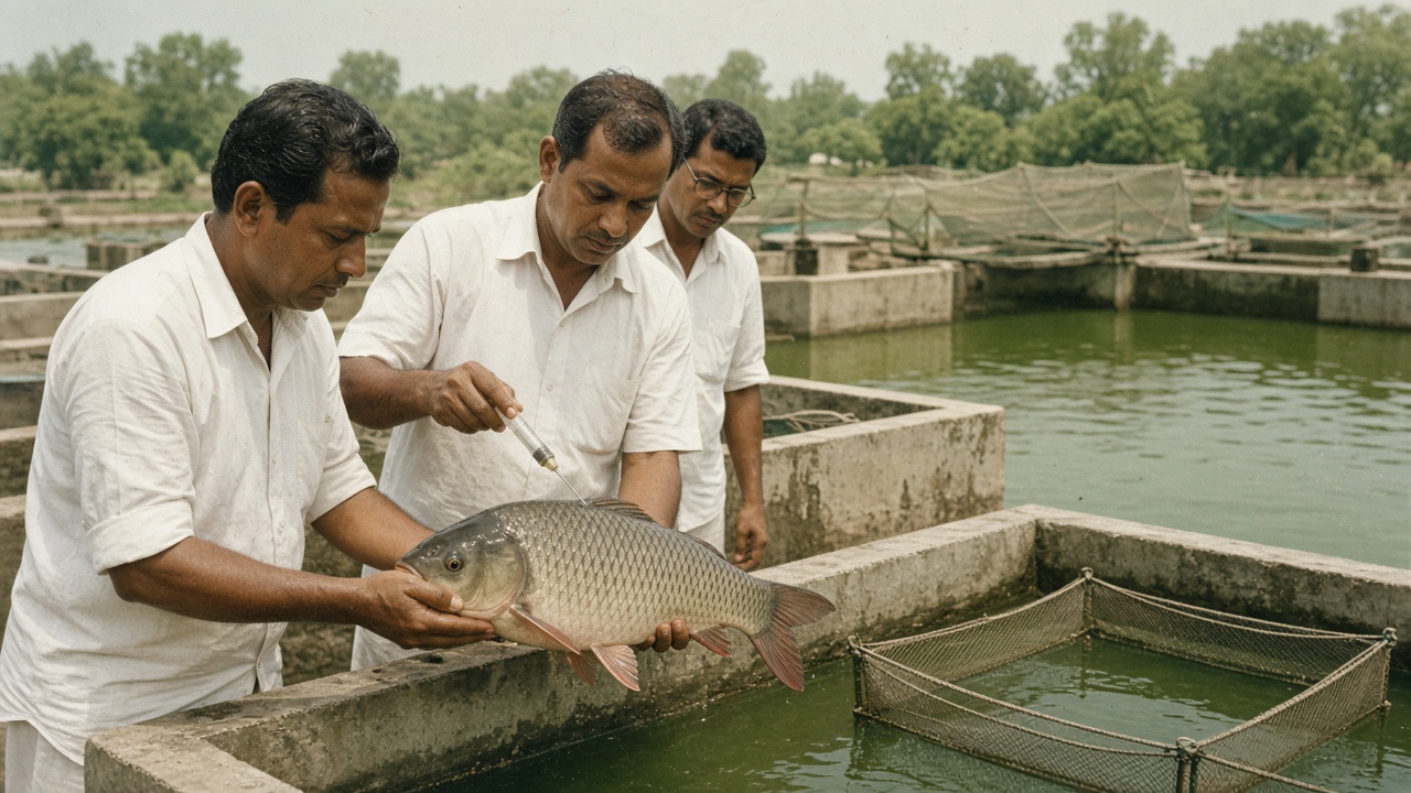 Late 1950s fish hatchery where Indian scientists in white shirts hold a large rohu carp and give it a hormone injection beside cement breeding tanks and hapa nets