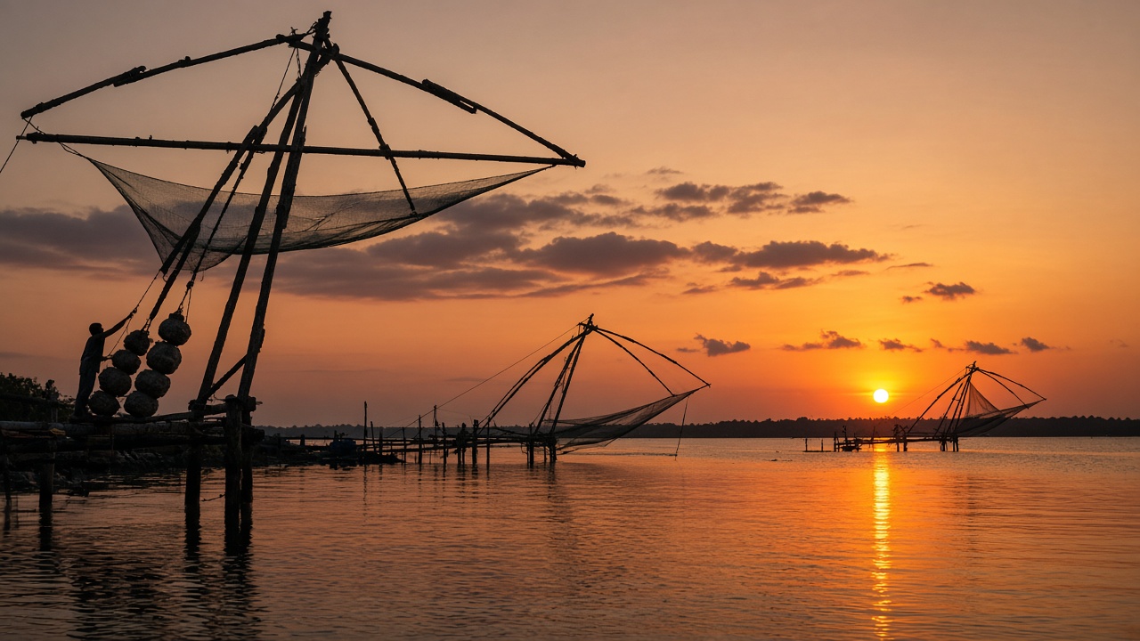 Silhouettes of large Chinese fishing nets on wooden frames at Fort Kochi at sunset, with a fisherman lowering a net using stone counterweights over calm water