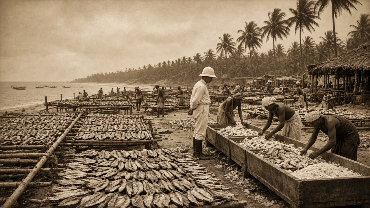 Sepia early 1900s fish-curing yard on the Malabar coast with split fish drying on bamboo racks, workers salting fish in wooden troughs, and a British official inspecting