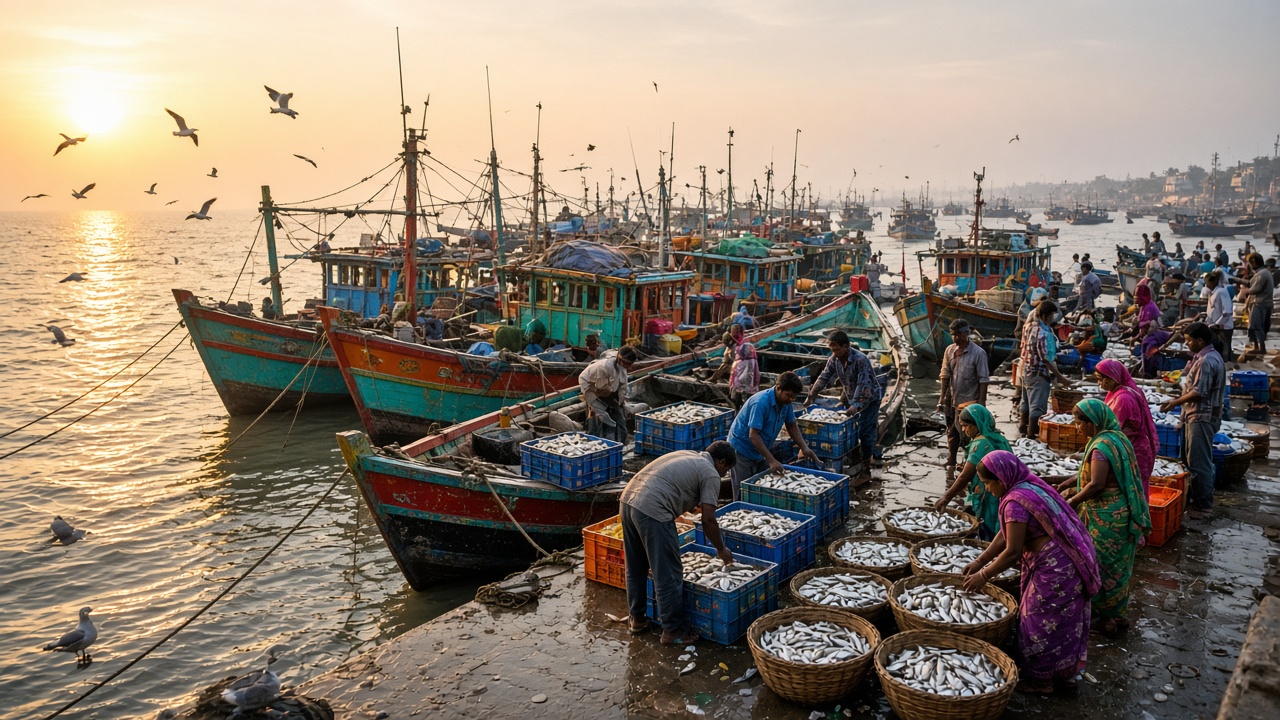 Busy Indian fishing harbour at dawn with rows of colourful fishing boats, fishermen unloading crates of silver fish, and women vendors with baskets on the wharf