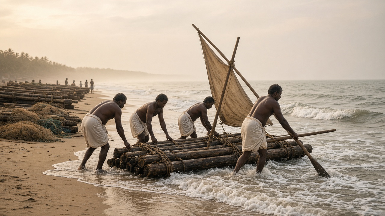Tamil fishermen in loincloths launching a traditional kattumaram raft of tied logs with a small sail through breaking surf, with more rafts and nets on the beach