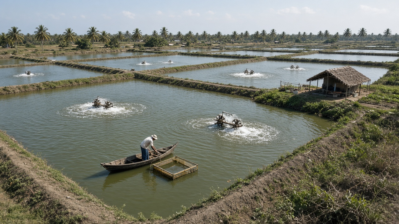 Rectangular shrimp farming ponds in coastal Andhra Pradesh with paddle-wheel aerators churning the water, a farmer in a small boat checking a feeding tray, and palm trees