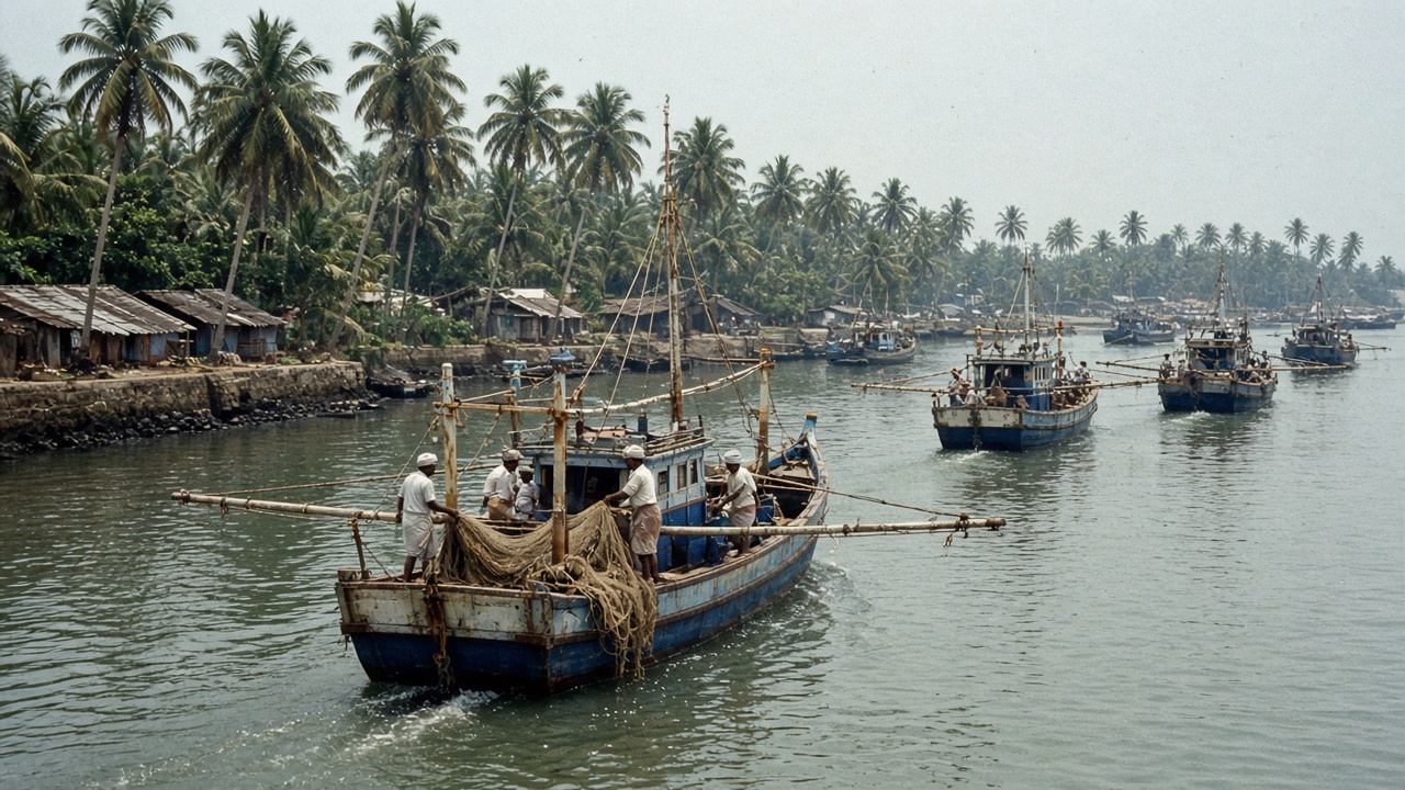 1980s mechanised fishing trawlers with outriggers leaving a Kerala harbour lined with coconut palms, fishermen handling nets on deck