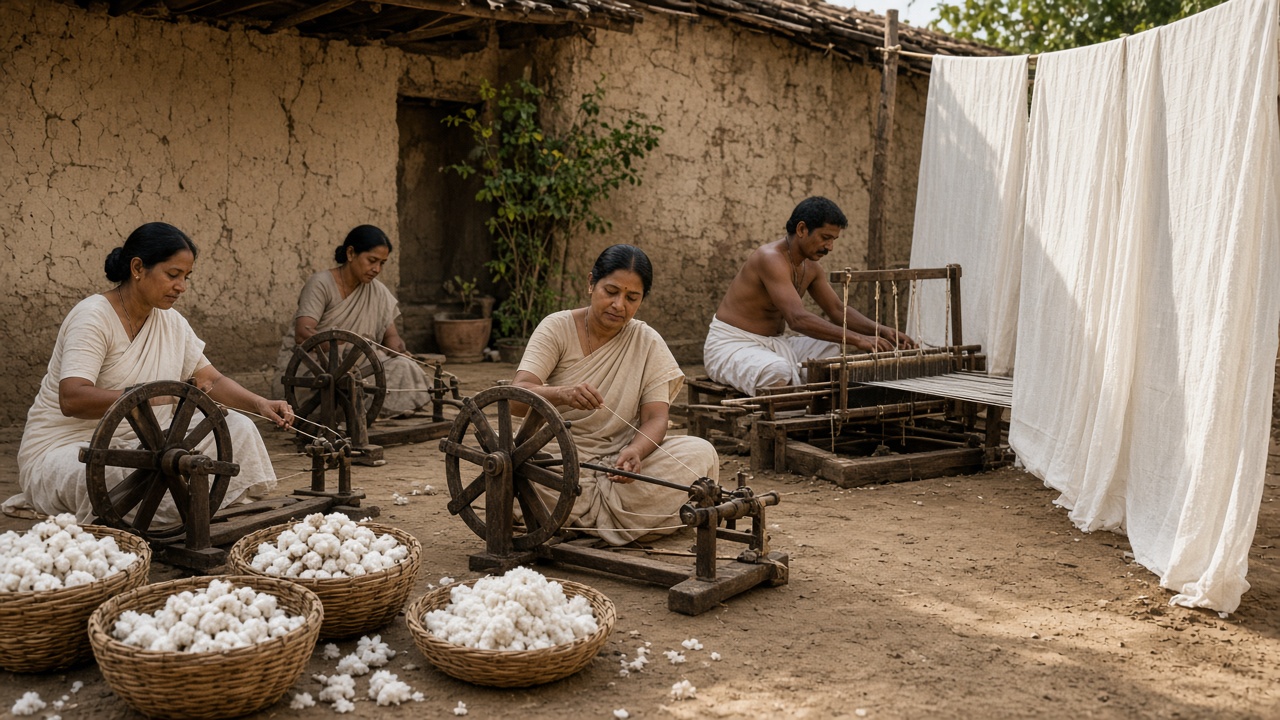 Women in simple cotton garments spinning thread on wooden charkhas in a mud-walled courtyard while a weaver works a pit loom, with baskets of raw cotton and white cloth drying