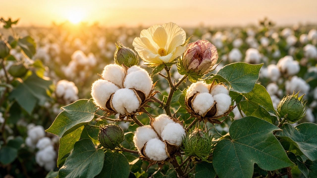 Close-up of a cotton plant at sunrise with fluffy open white bolls, a creamy yellow flower, a pinkish fading flower, green unopened bolls, and broad leaves