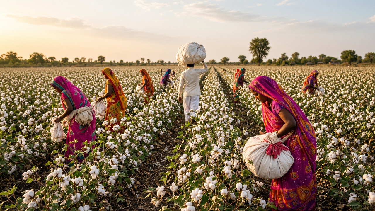 Vast Bt cotton field in Vidarbha at harvest with women in bright saris picking white cotton into bundles tied at their waists and a farmer carrying a large bundle on his head