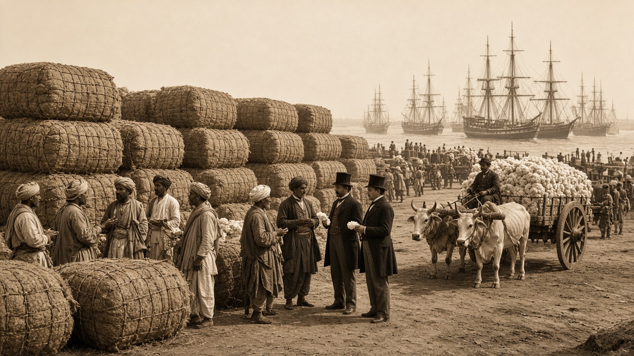 Sepia 1860s scene at Bombay’s Cotton Green with huge stacks of cotton bales, bullock carts loaded with cotton, Indian traders in turbans and British merchants in top hats, and sailing ships in the harbour