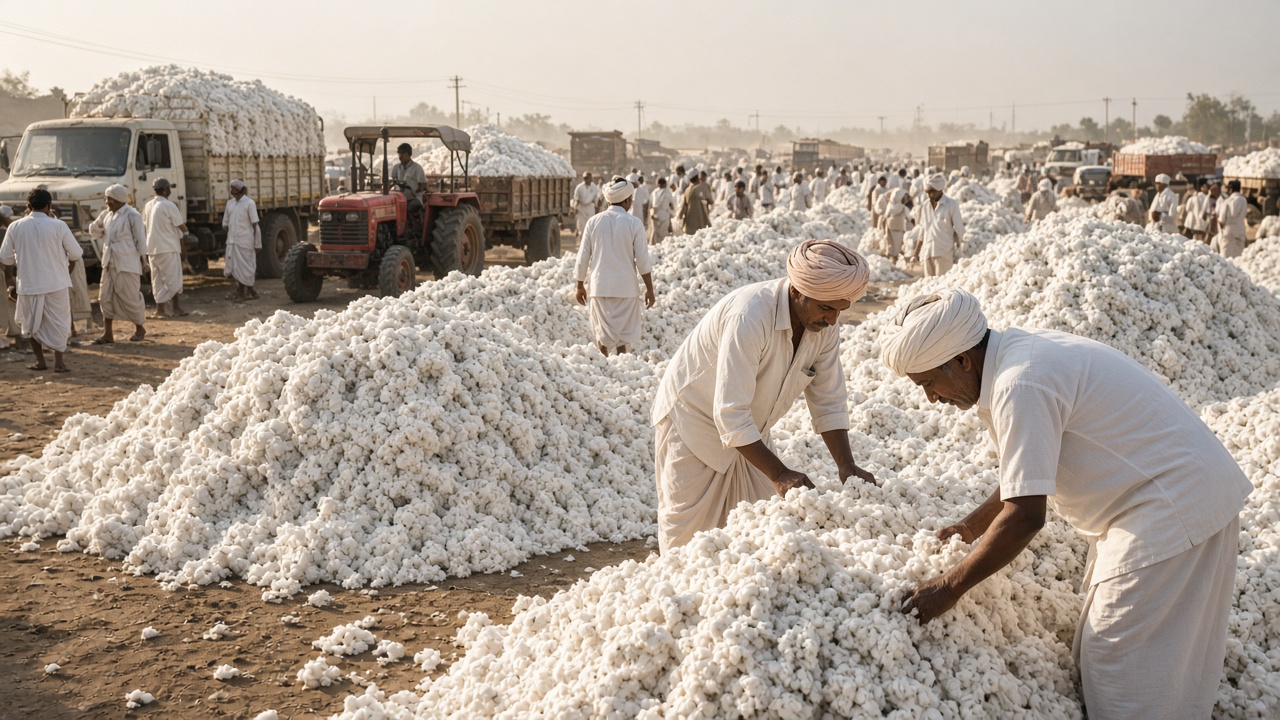 Busy cotton market yard in India with huge heaps of white raw cotton, farmers in white dhotis and turbans inspecting cotton, and tractors and trucks loaded high with cotton