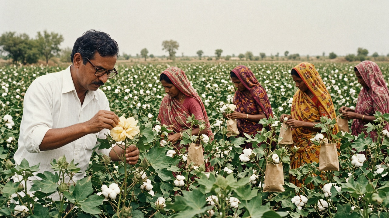 1970s cotton research field in Gujarat where a scientist in a white shirt and spectacles hand-pollinates a cotton flower while women in colourful saris tie paper bags over flower buds