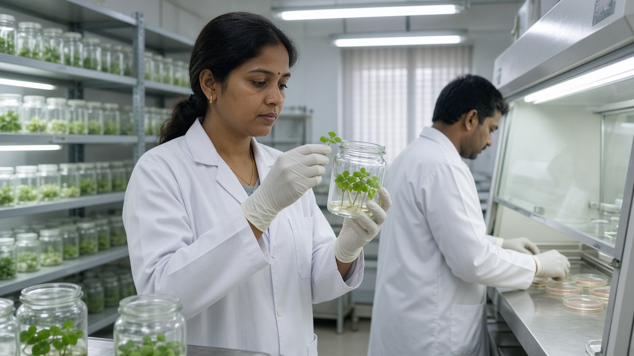 Indian plant biotechnology laboratory where a woman scientist in a lab coat and gloves examines cotton plantlets in a glass culture jar while a colleague works at a laminar flow hood