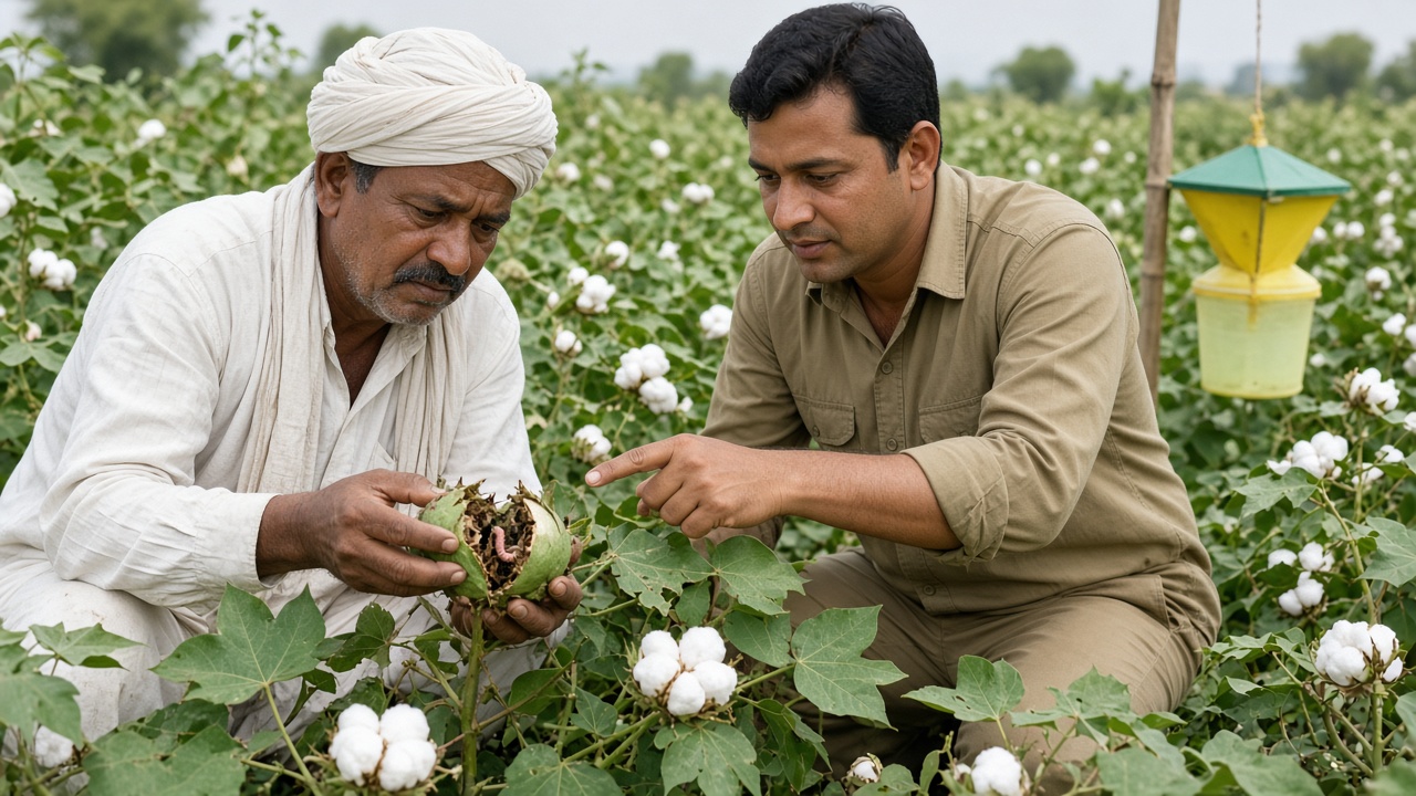 Worried farmer in a turban holding open a damaged cotton boll while an agricultural officer points at it, with a funnel-type pheromone trap hanging among cotton plants