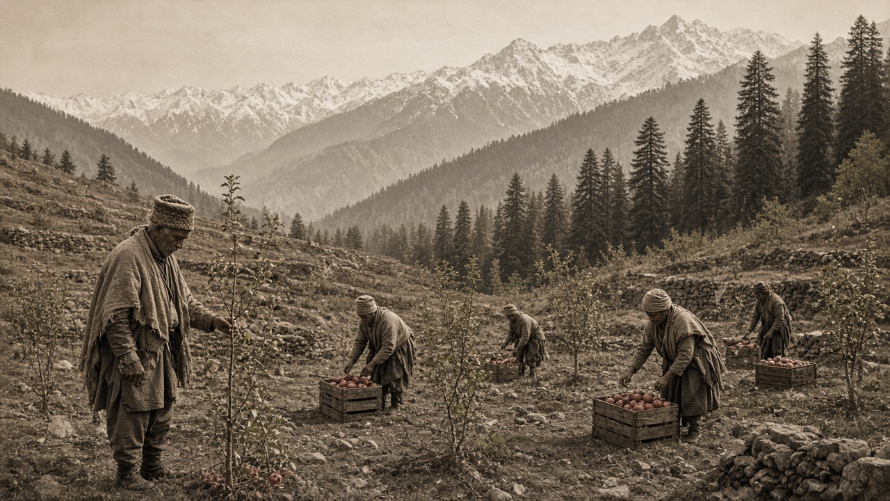 Sepia scene of a young apple orchard on terraced Himalayan slopes, pahari villagers in wool caps and shawls placing red apples in wooden crates, an elder inspecting a sapling, with deodar trees and snow peaks