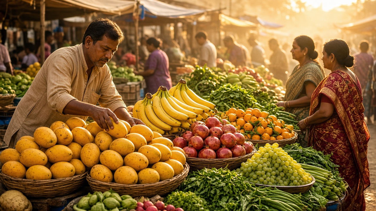 Busy Indian fruit and vegetable market in golden morning light with baskets of mangoes, bananas, pomegranates, oranges, grapes, and greens, a vendor arranging mangoes and women shoppers in saris