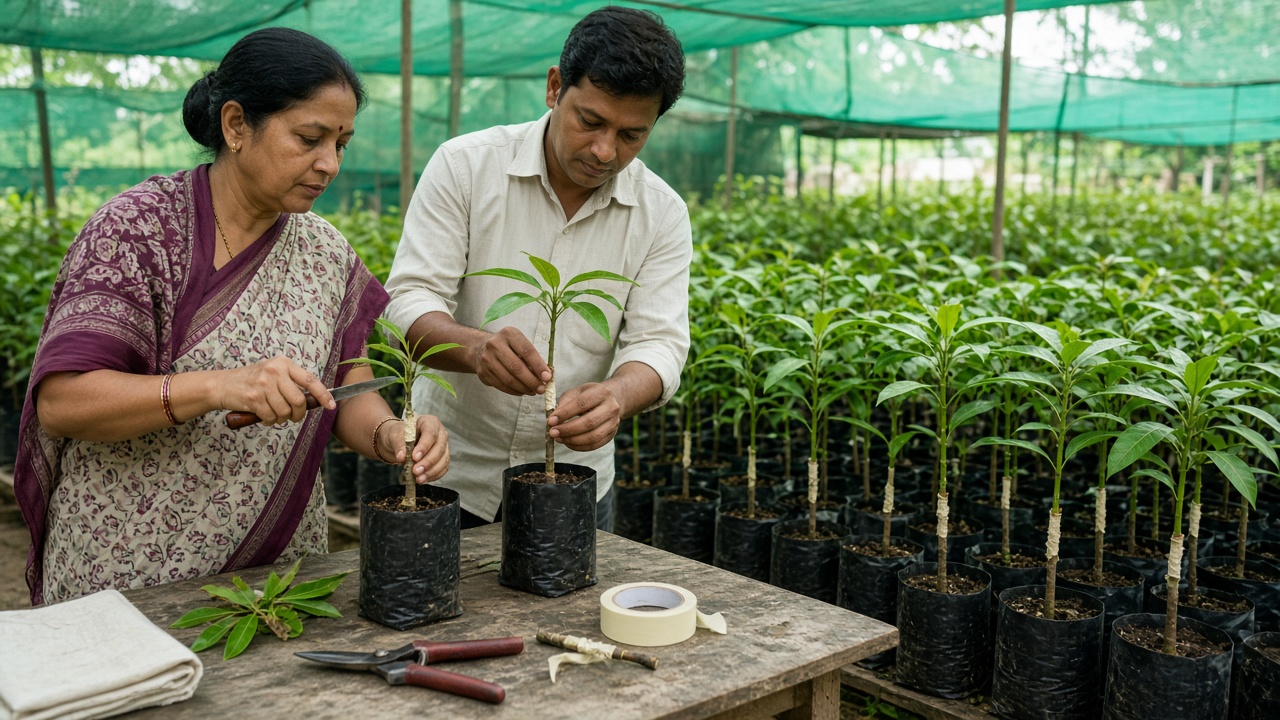 Indian horticulture nursery under green shade net where a woman scientist in a sari and a male assistant graft mango saplings in black polythene bags, with rows of grafted saplings behind