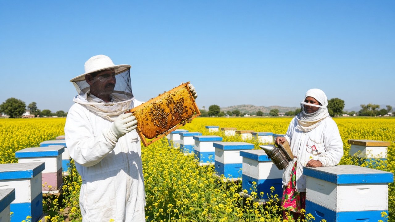 Beekeeper in a white bee suit holding up a frame of golden capped honeycomb in a bright yellow mustard field lined with white and blue bee boxes, a woman beekeeper nearby with a smoker