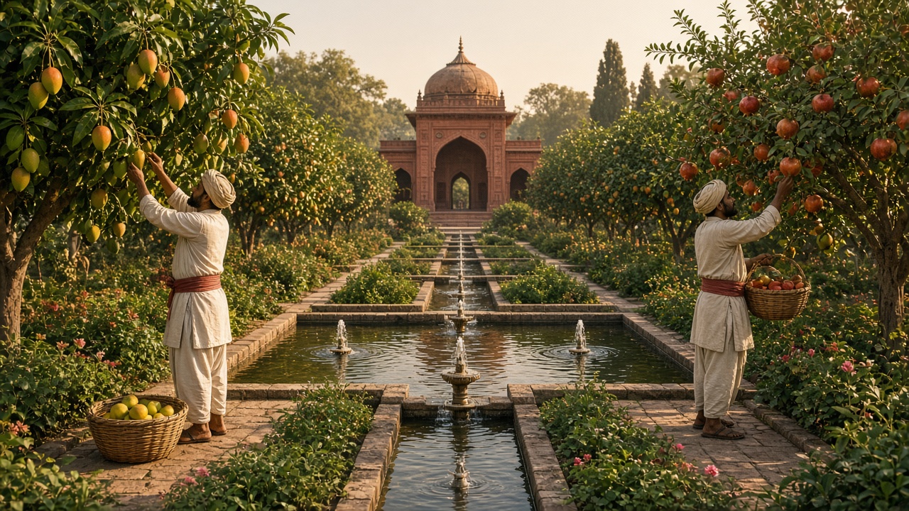 Mughal charbagh garden with symmetrical water channels and fountains, mango and pomegranate trees full of fruit, gardeners in white picking mangoes into baskets, and a red sandstone pavilion