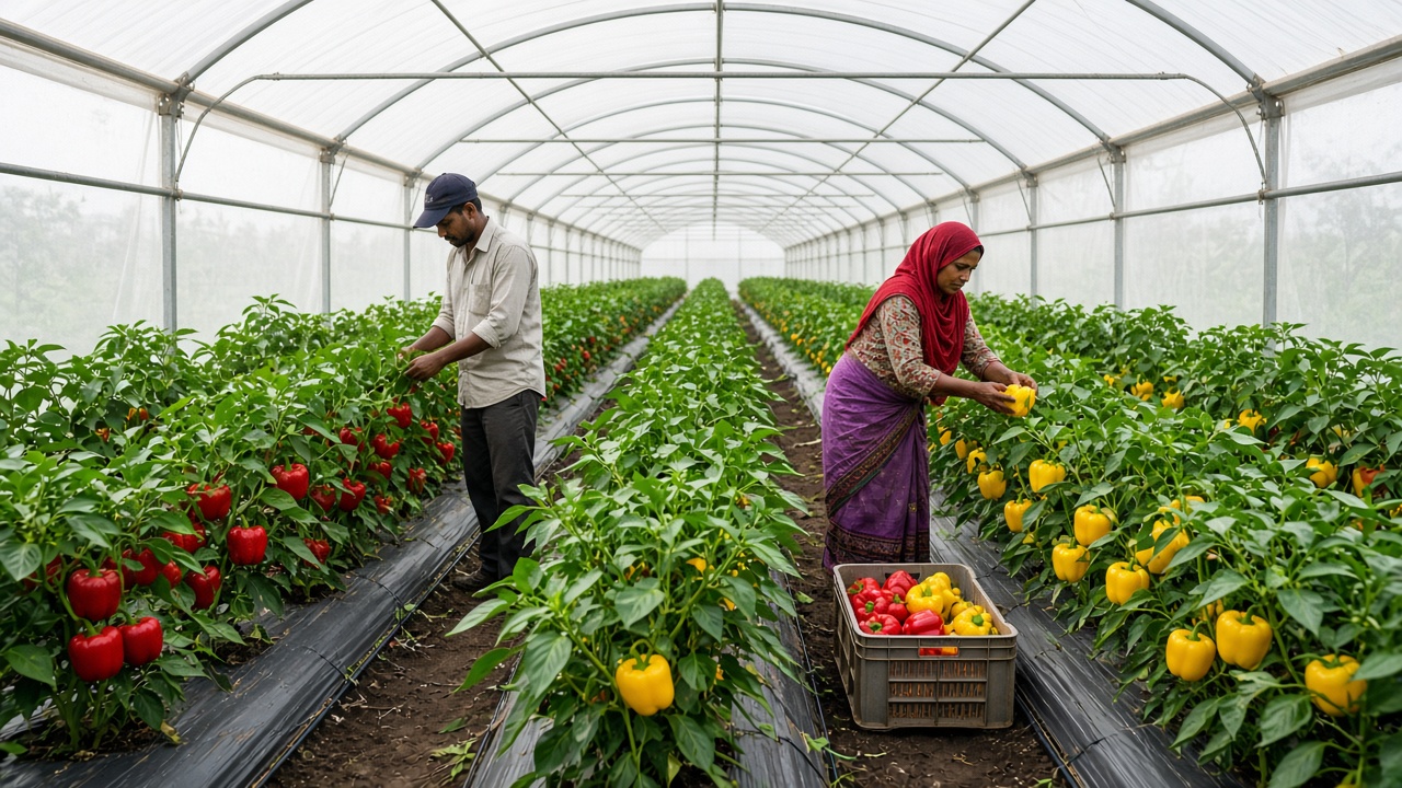 Inside a polyhouse in Maharashtra with rows of red and yellow capsicum plants on mulched raised beds with drip lines, a farmer in a cap checking plants and a woman harvesting peppers into a crate