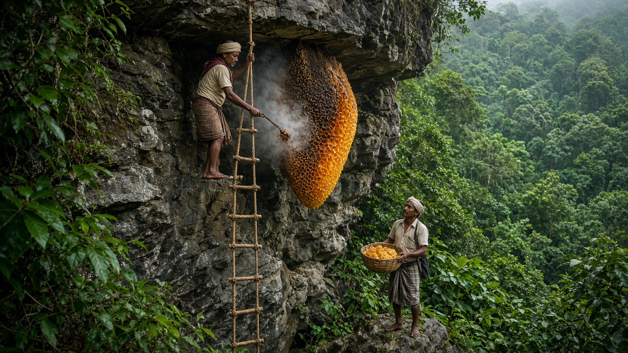 Tribal honey hunter on a rope ladder smoking a huge wild rock bee comb under a cliff overhang in a green forest, while another man below holds a basket of golden honeycomb