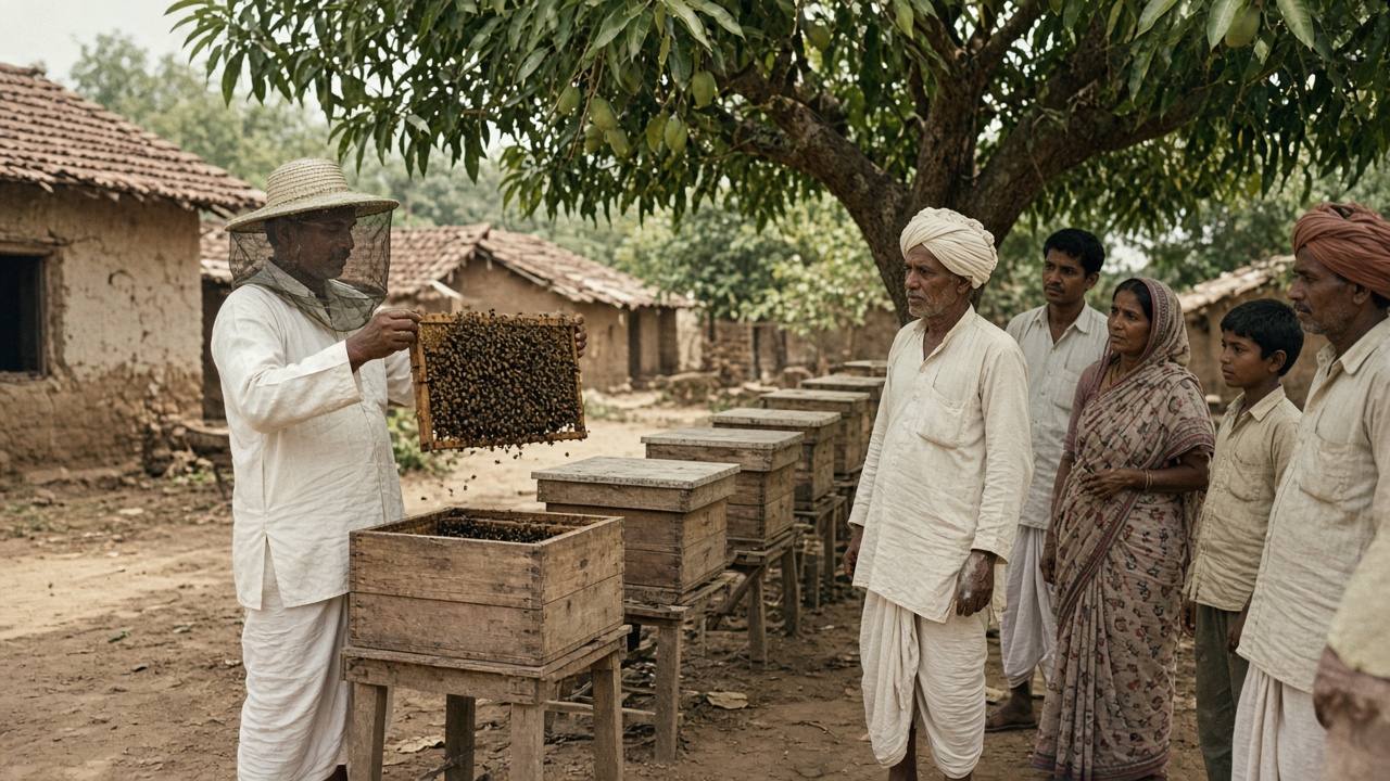 1960s Indian village where a khadi-clad worker in a bee veil lifts a frame covered with honeybees from a wooden box hive while villagers watch beside a row of hives under a mango tree