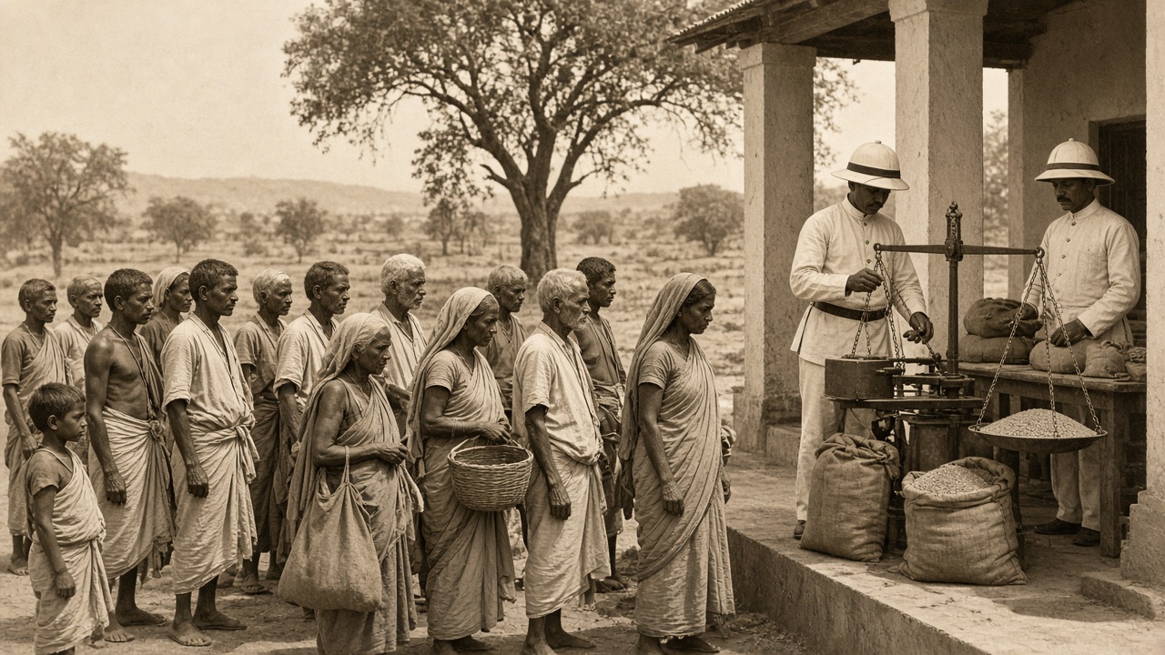 Sepia scene of villagers queuing with cloth bags and baskets at a colonial famine relief depot while officials in pith helmets weigh grain on a beam balance