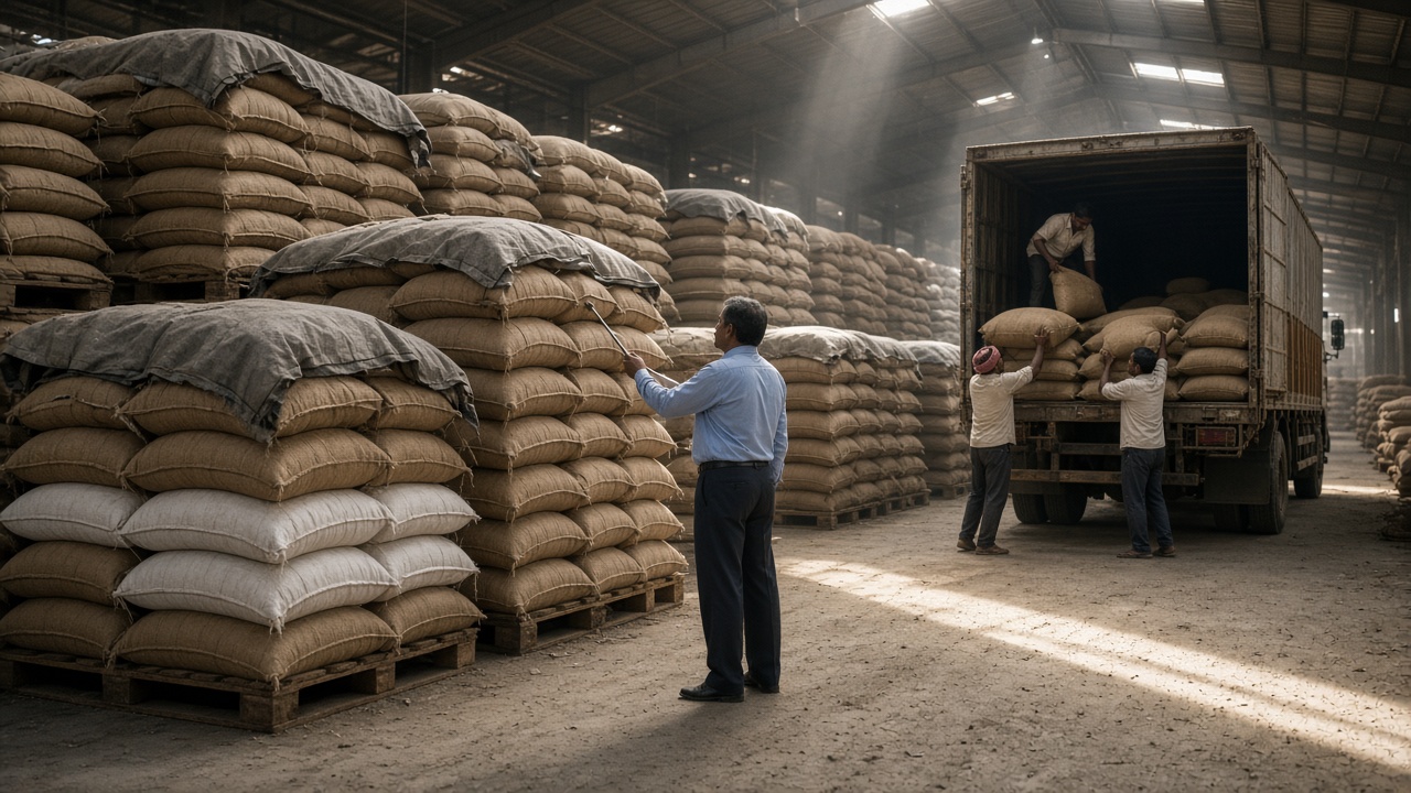 Huge government grain godown with towering stacks of wheat and rice sacks under tarpaulins, an inspector using a grain probe, and workers loading a truck