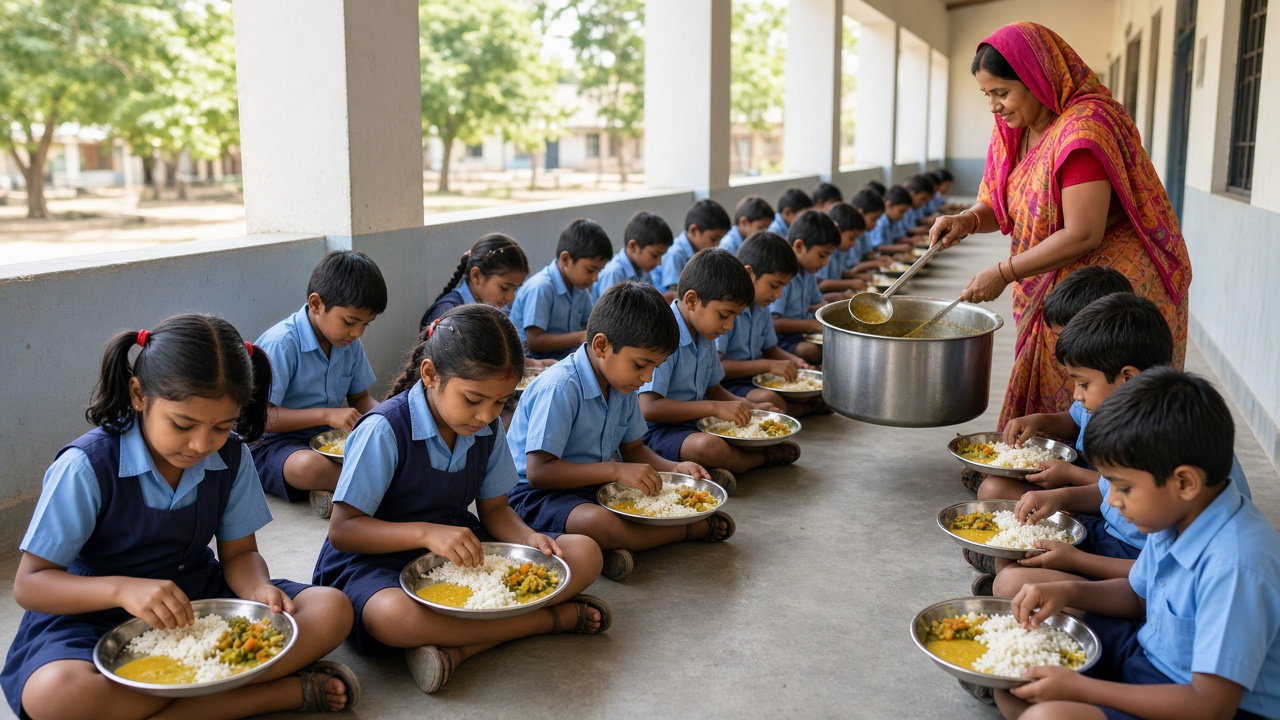 Indian school children in blue uniforms sitting in rows on a verandah eating rice, dal, and vegetables from steel plates as a cook serves from a large pot