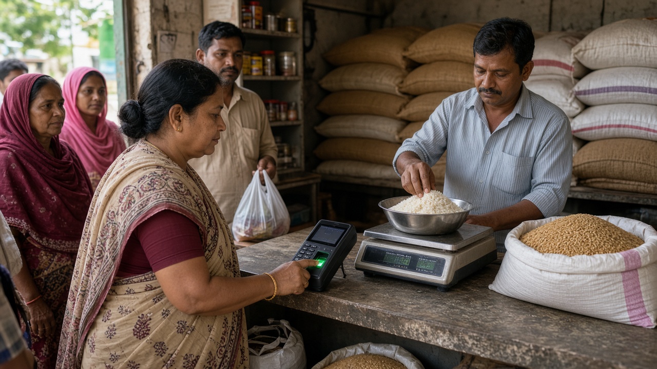 Woman in a sari placing her thumb on a biometric device at a fair price ration shop while the shopkeeper weighs rice on an electronic scale, with grain sacks behind and others waiting