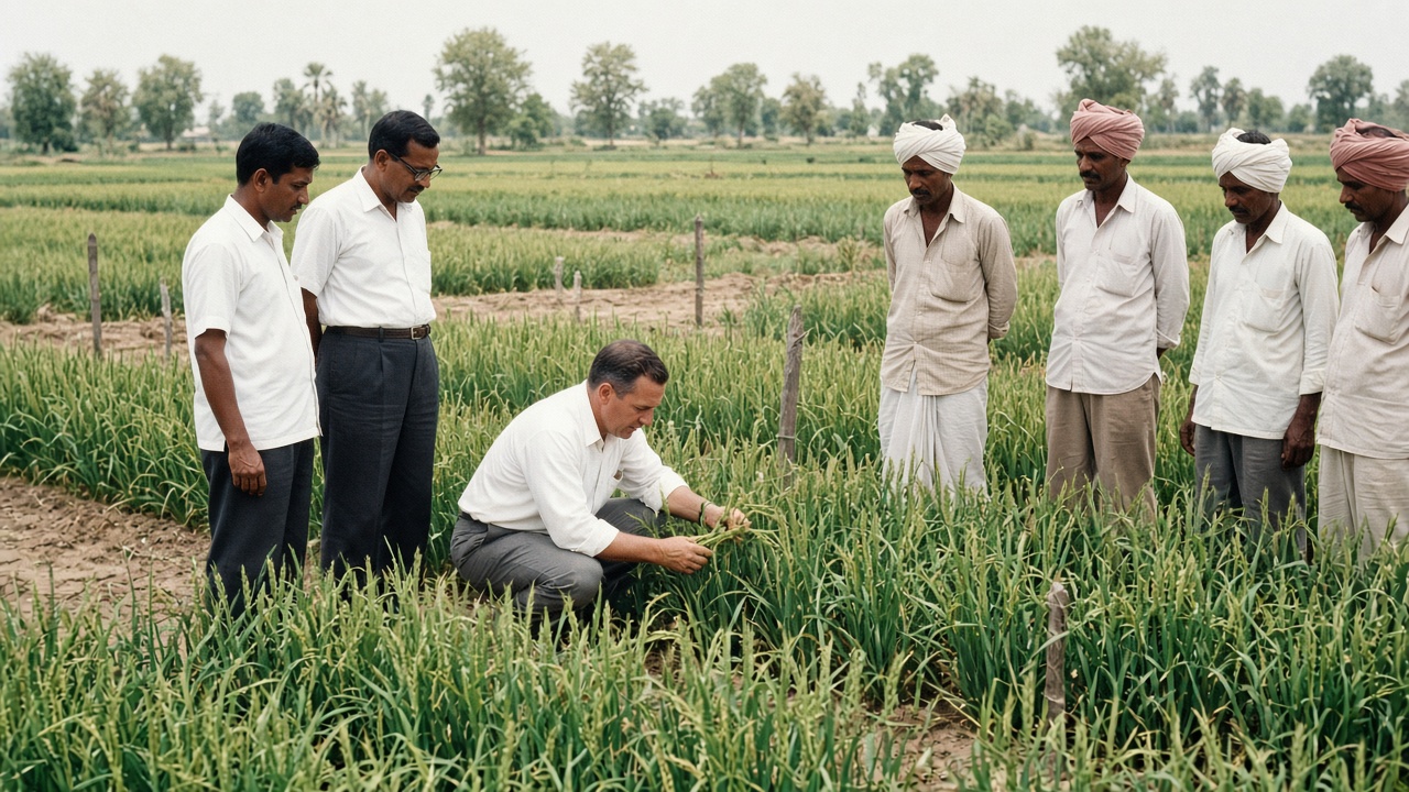 1960s research field where Indian scientists in white shirts and a foreign agronomist inspect short dwarf wheat in experimental plots as turbaned farmers watch