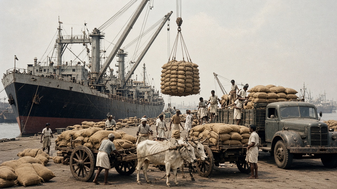 1960s Indian port where dock workers unload sacks of imported wheat from a cargo ship by crane onto bullock carts and old trucks