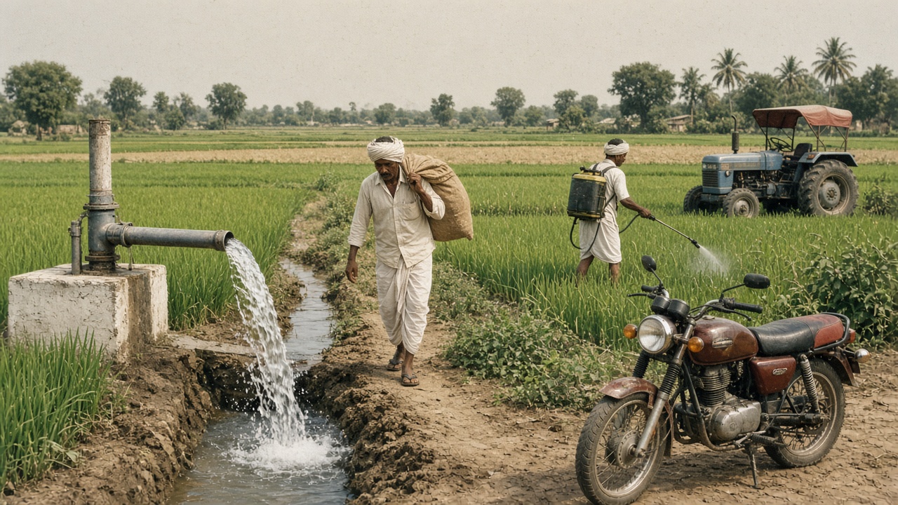 1980s Indian farm with an electric tube well pouring water into a channel beside paddy fields, a farmer carrying a fertiliser sack, another spraying crops, a tractor, and a motorcycle
