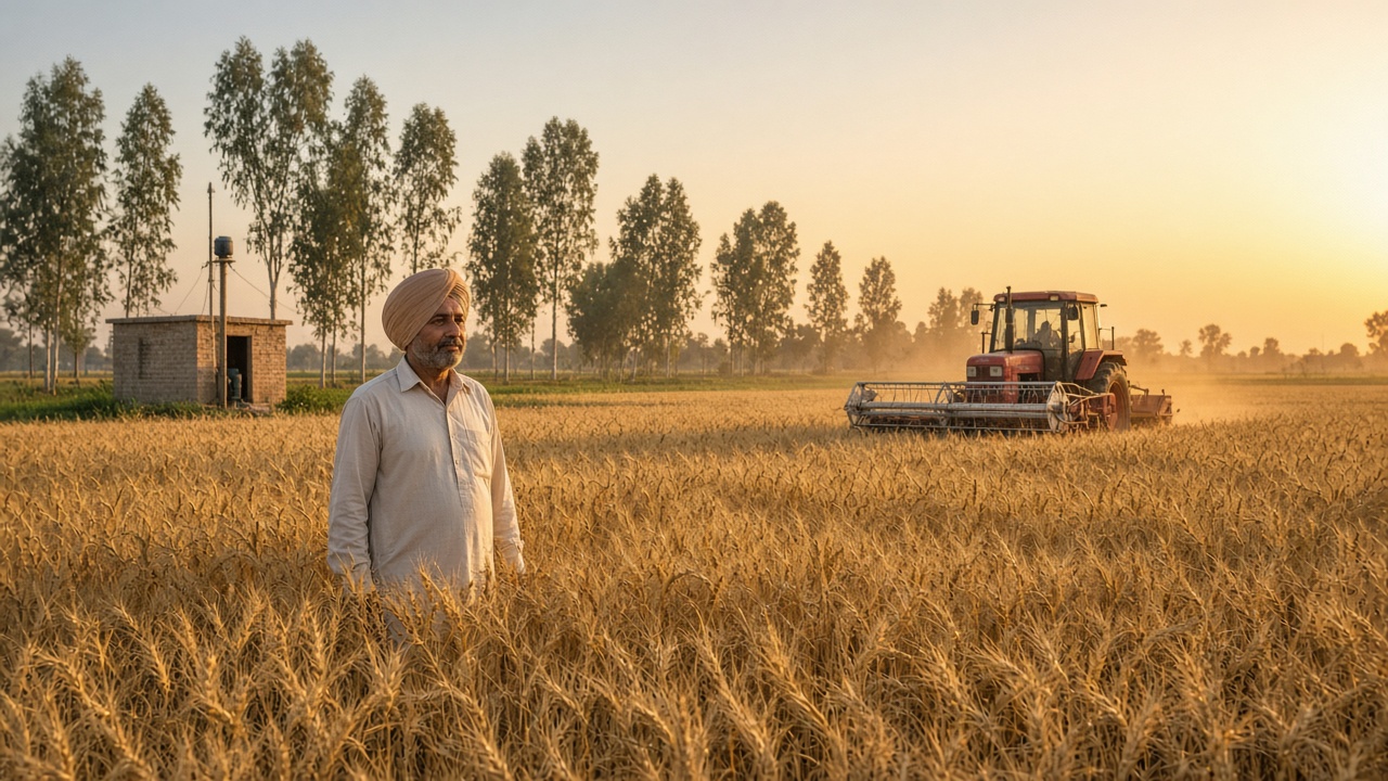 Sikh farmer in a turban standing in golden high-yielding wheat fields in Punjab at sunset, with a red tractor harvester, a tube well pump house, and rows of eucalyptus trees