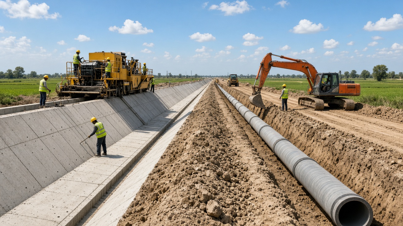 Workers in helmets lining a large canal with concrete using a slip-form paving machine, beside a trench where large pipes are laid for an underground pipe network, with an excavator nearby