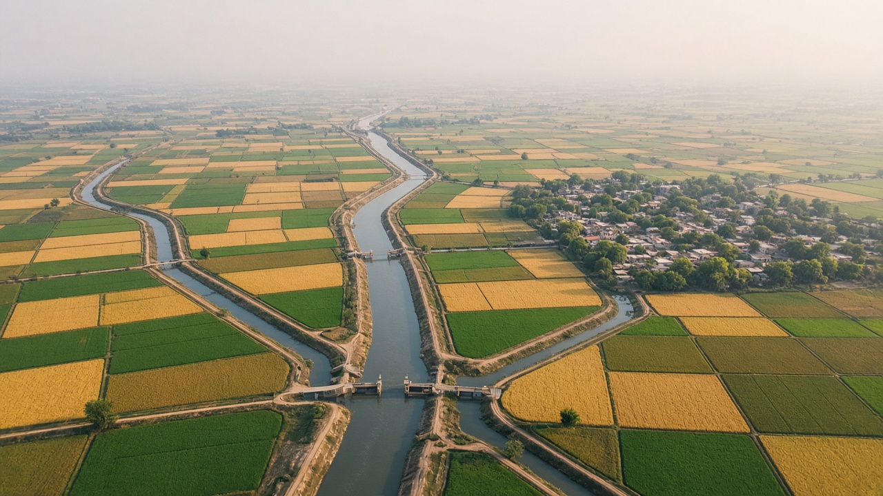 Aerial view of a canal command area where a distributary canal feeds minor canals and watercourses branching into a neat grid of green and golden fields beside a village